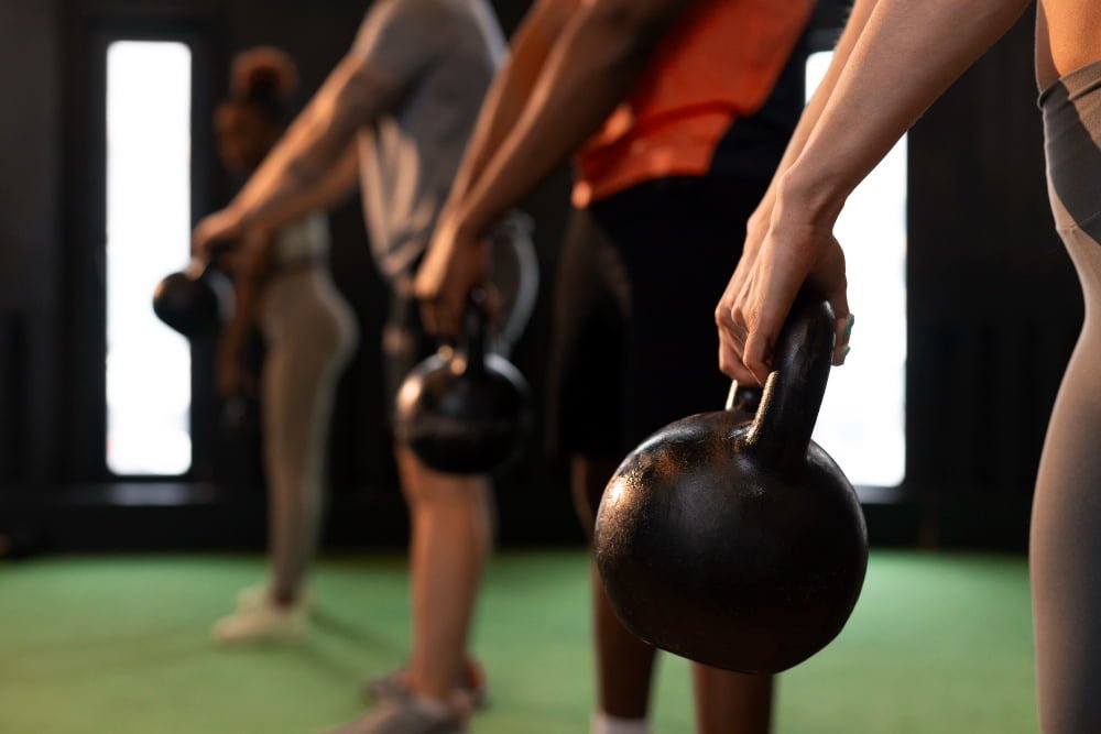 Alunos de academia segurando um peso de exercício